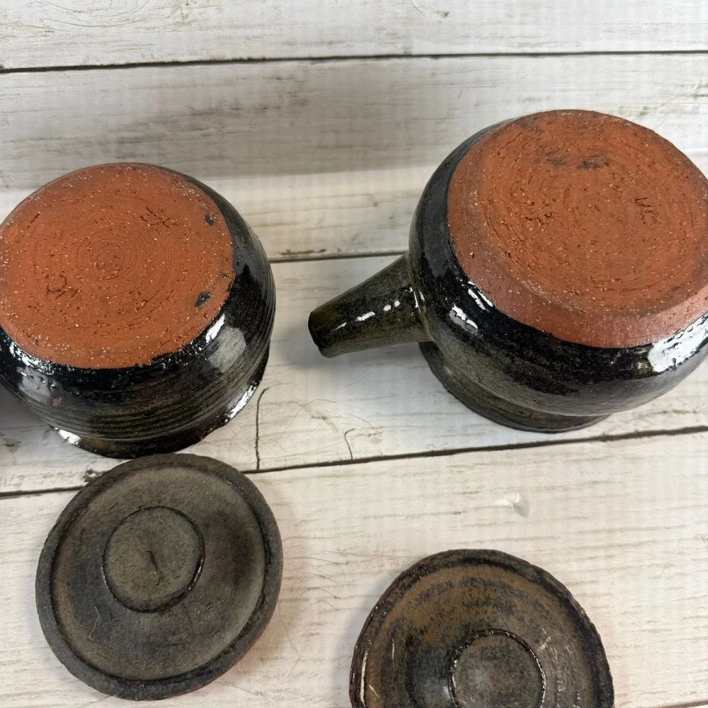 Vintage JC Studio Pottery‎ Tea Set Teapot Lidded Sugar Bowl Creamer Dark Glaze